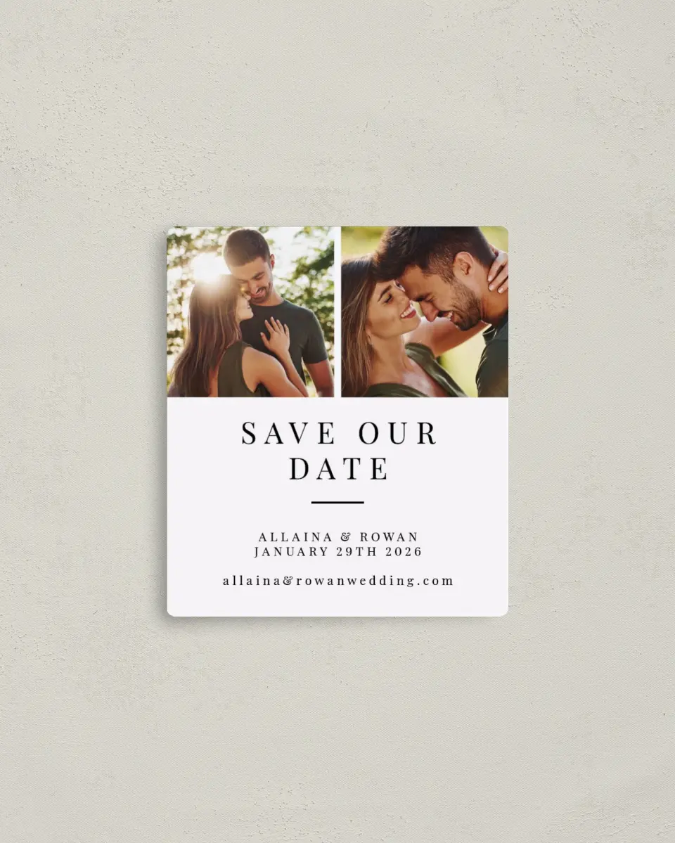 This is a 3½" x 4" Save the Date Magnet called Pure Devotion printed in full color with a Luxe Satin finish