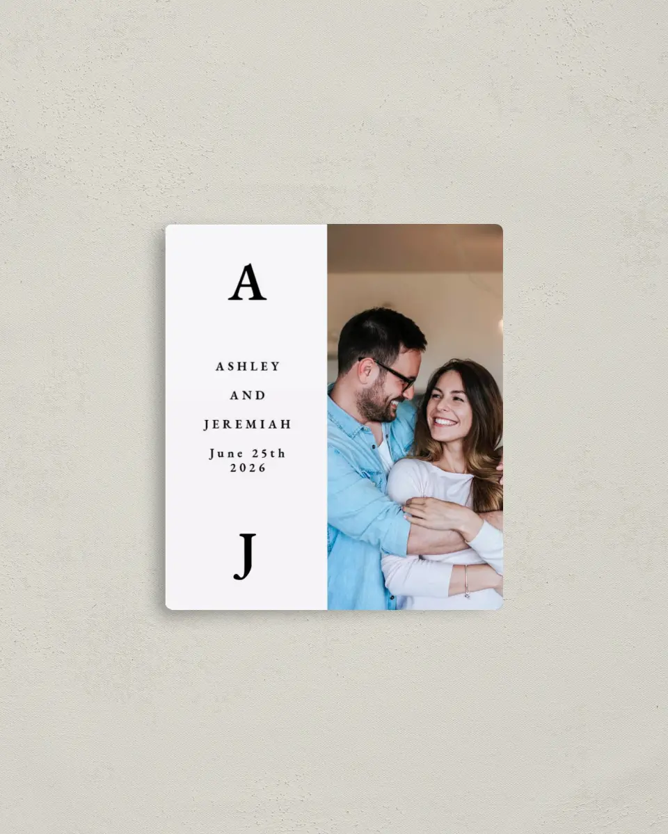 This is a 3½" x 4" Save the Date Magnet called Simple Drama printed in full color with a Luxe Satin finish
