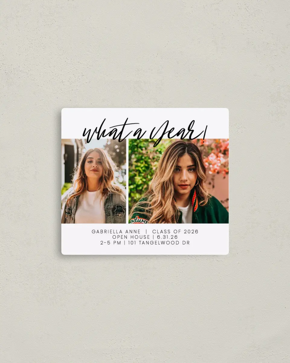 This is a 3½" x 4" Graduation Announcement Magnet called What a Year! printed in full color with a Luxe Satin finish