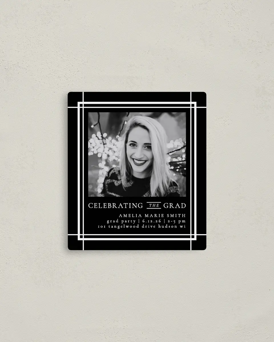 This is a 3½" x 4" Graduation Announcement Magnet called Modern Celebration printed in full color with a Luxe Satin finish