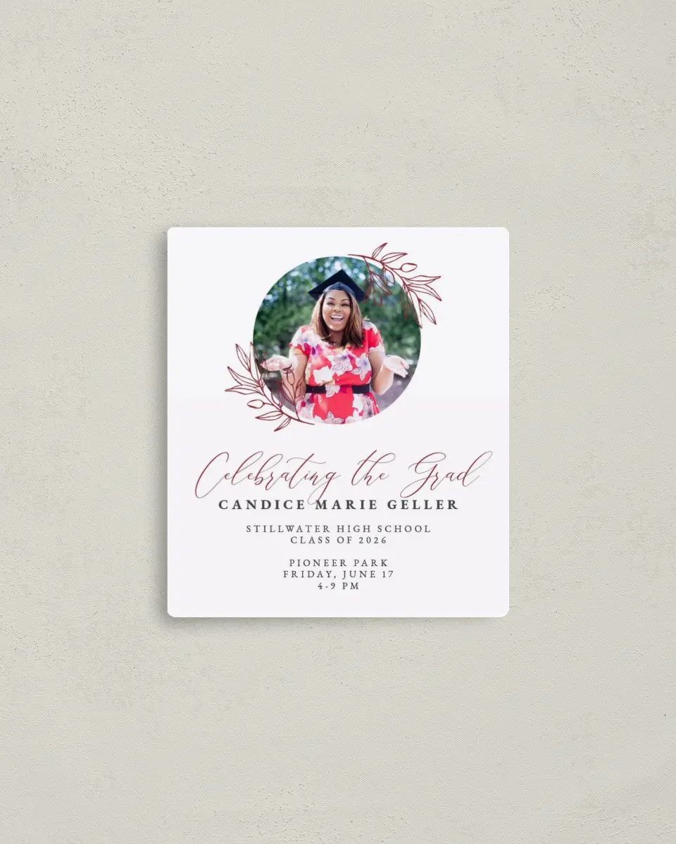 This is a 3½" x 4" Graduation Announcement Magnet called Celebrating the Grad printed in full color with a Luxe Satin finish