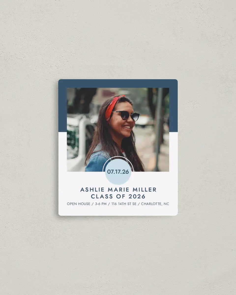 This is a 3½" x 4" Graduation Announcement Magnet called Grad Date printed in full color with a Luxe Satin finish