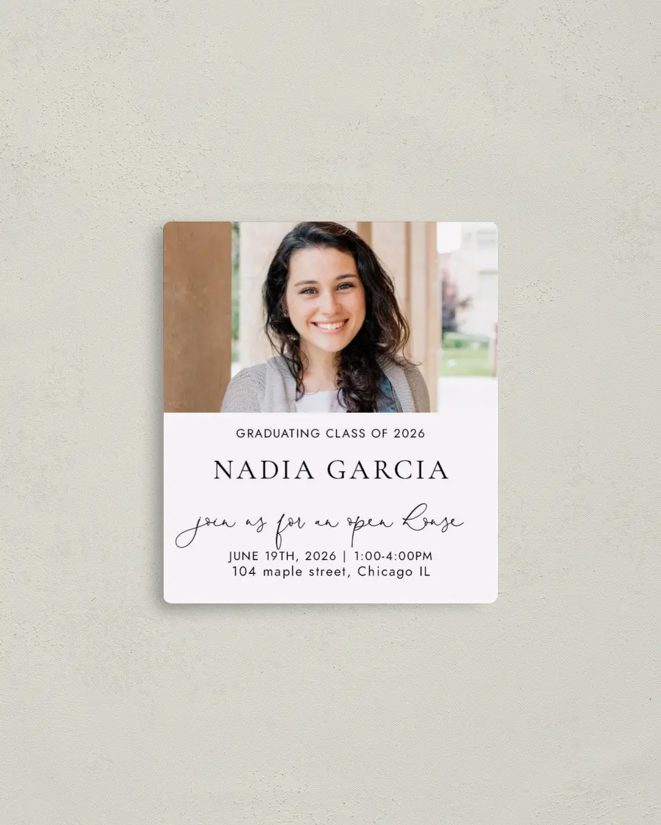 This is a 3½" x 4" Graduation Announcement Magnet called Chic Charm printed in full color with a Luxe Satin finish