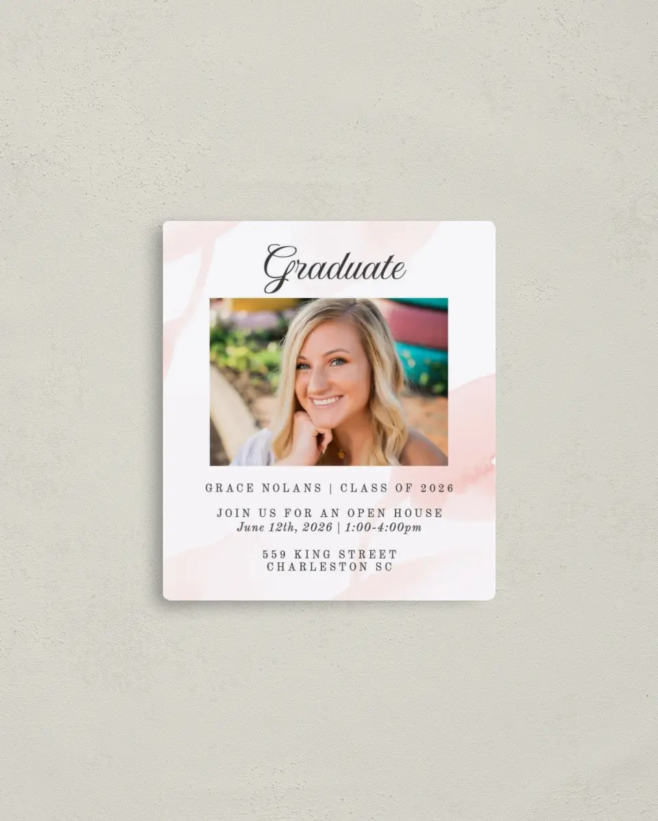 This is a 3½" x 4" Graduation Announcement Magnet called Painted and Pretty printed in full color with a Luxe Satin finish