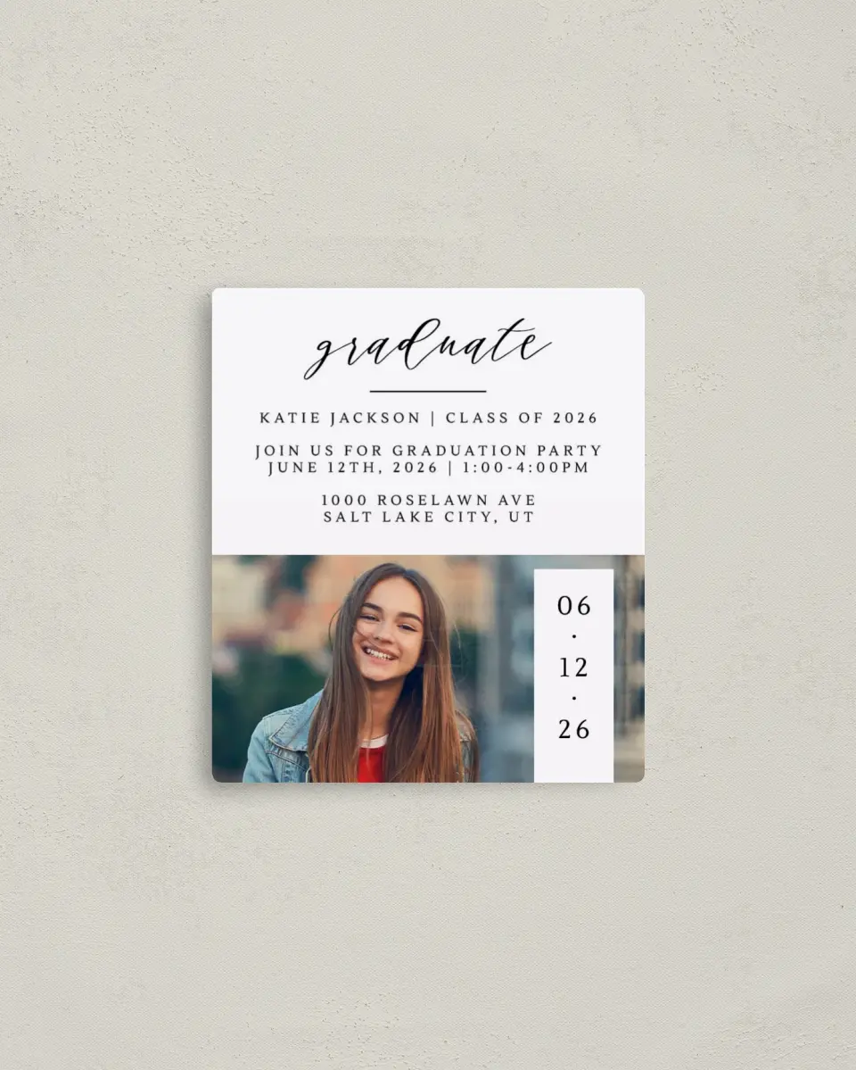 This is a 3½" x 4" Graduation Announcement Magnet called Graduate Date printed in full color with a Luxe Satin finish