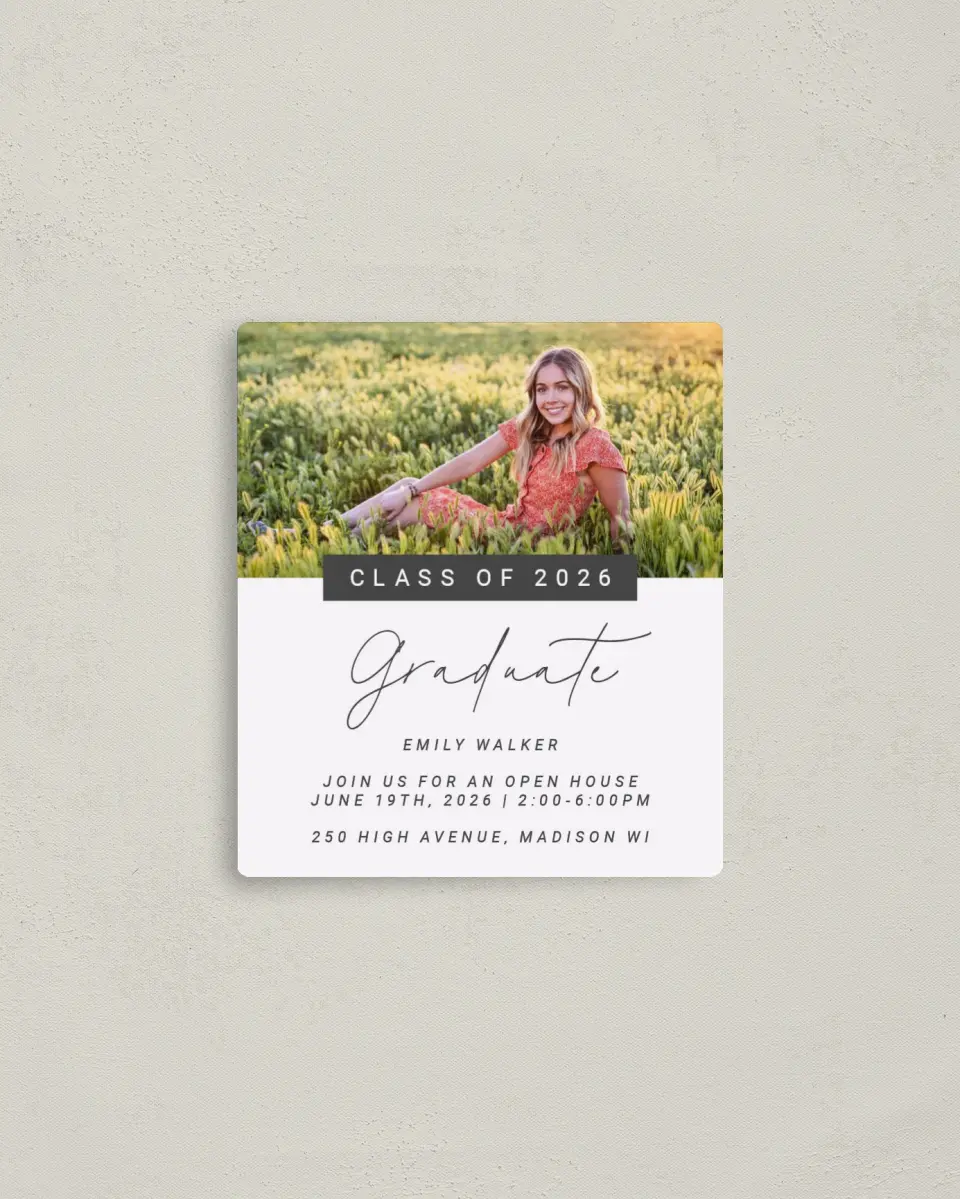 This is a 3½" x 4" Graduation Announcement Magnet called Delightful Photos printed in full color with a Luxe Satin finish