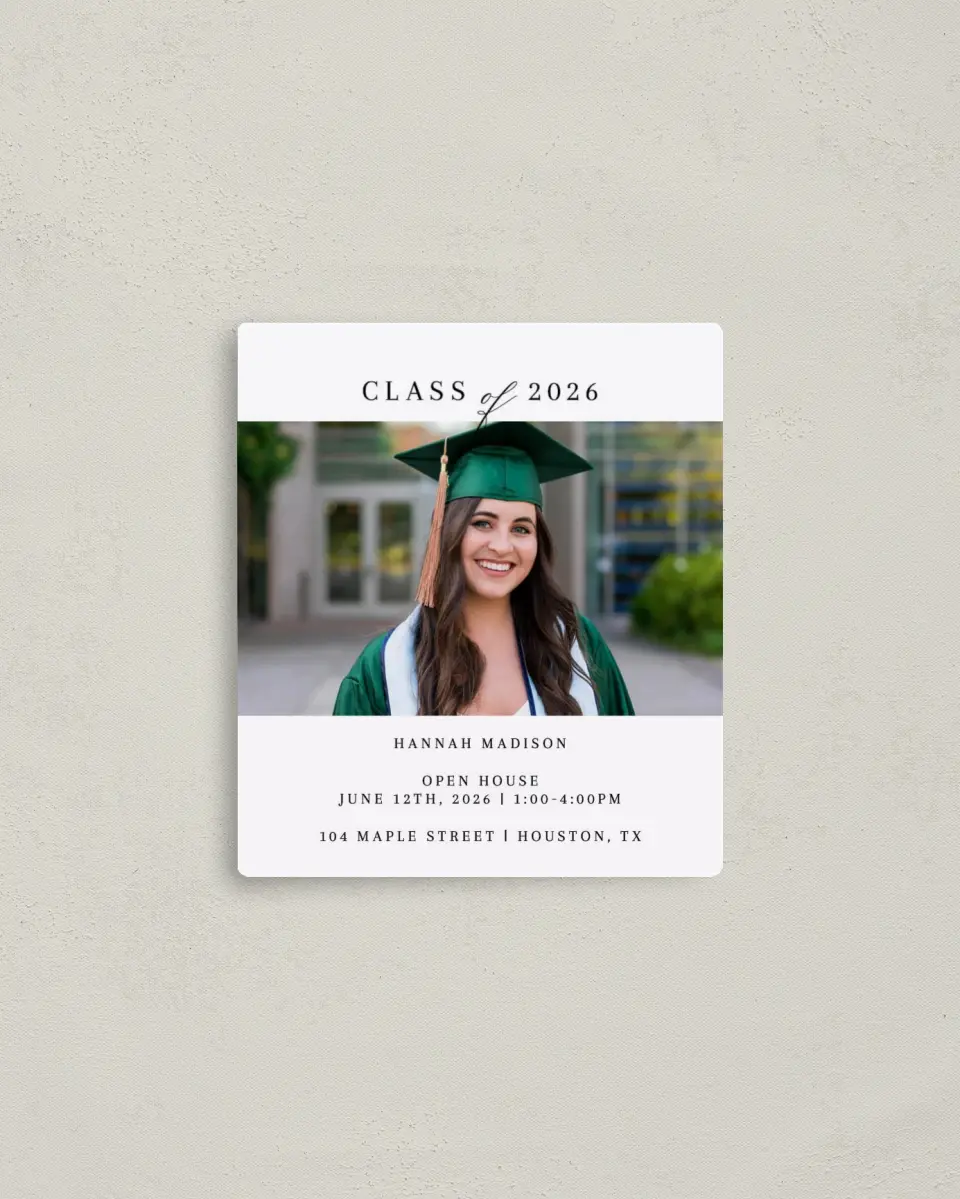This is a 3½" x 4" Graduation Announcement Magnet called Crisp Celebration printed in full color with a Luxe Satin finish