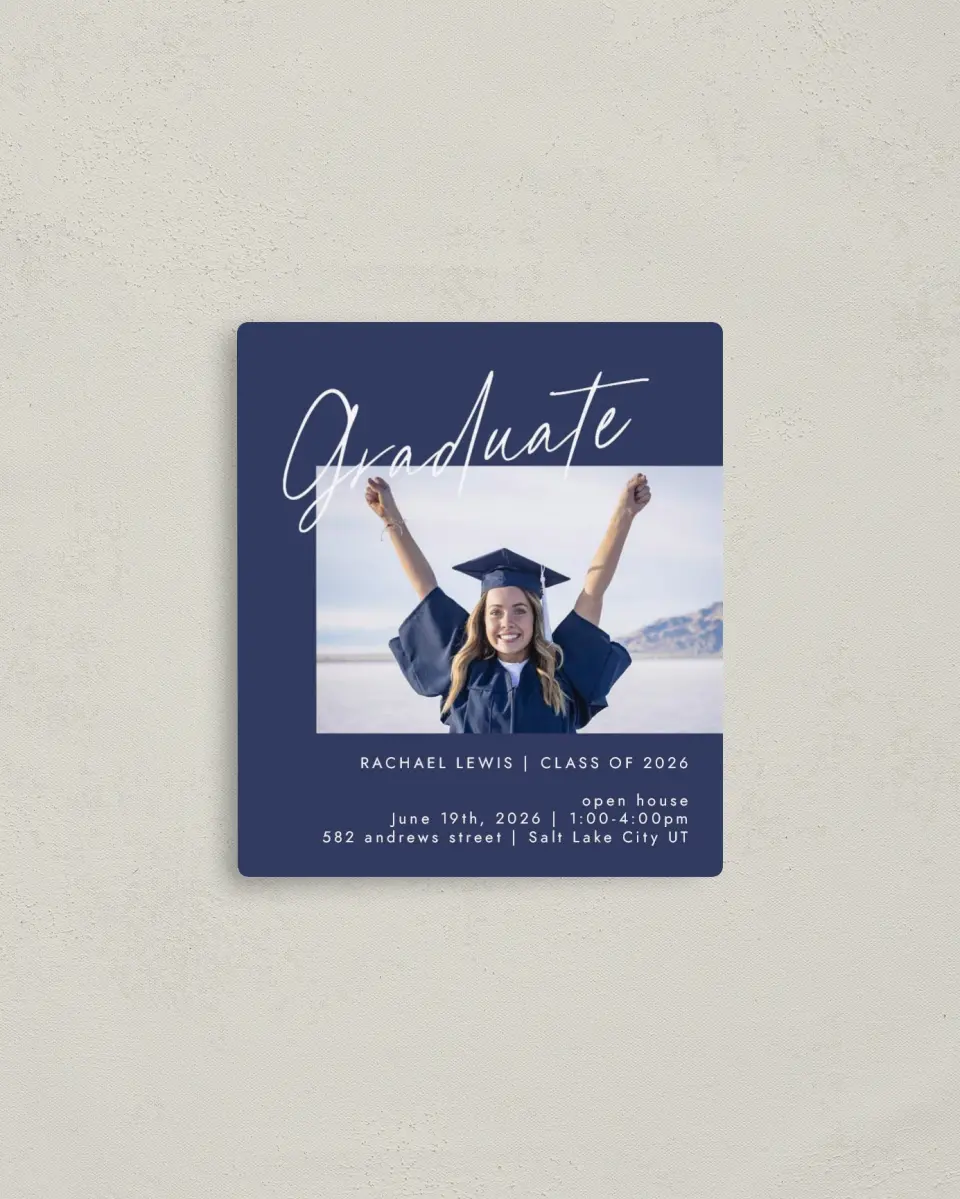 This is a 3½" x 4" Graduation Announcement Magnet called Smart Script printed in full color with a Luxe Satin finish