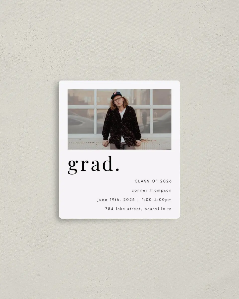 This is a 3½" x 4" Graduation Announcement Magnet called Grad, Period printed in full color with a Luxe Satin finish