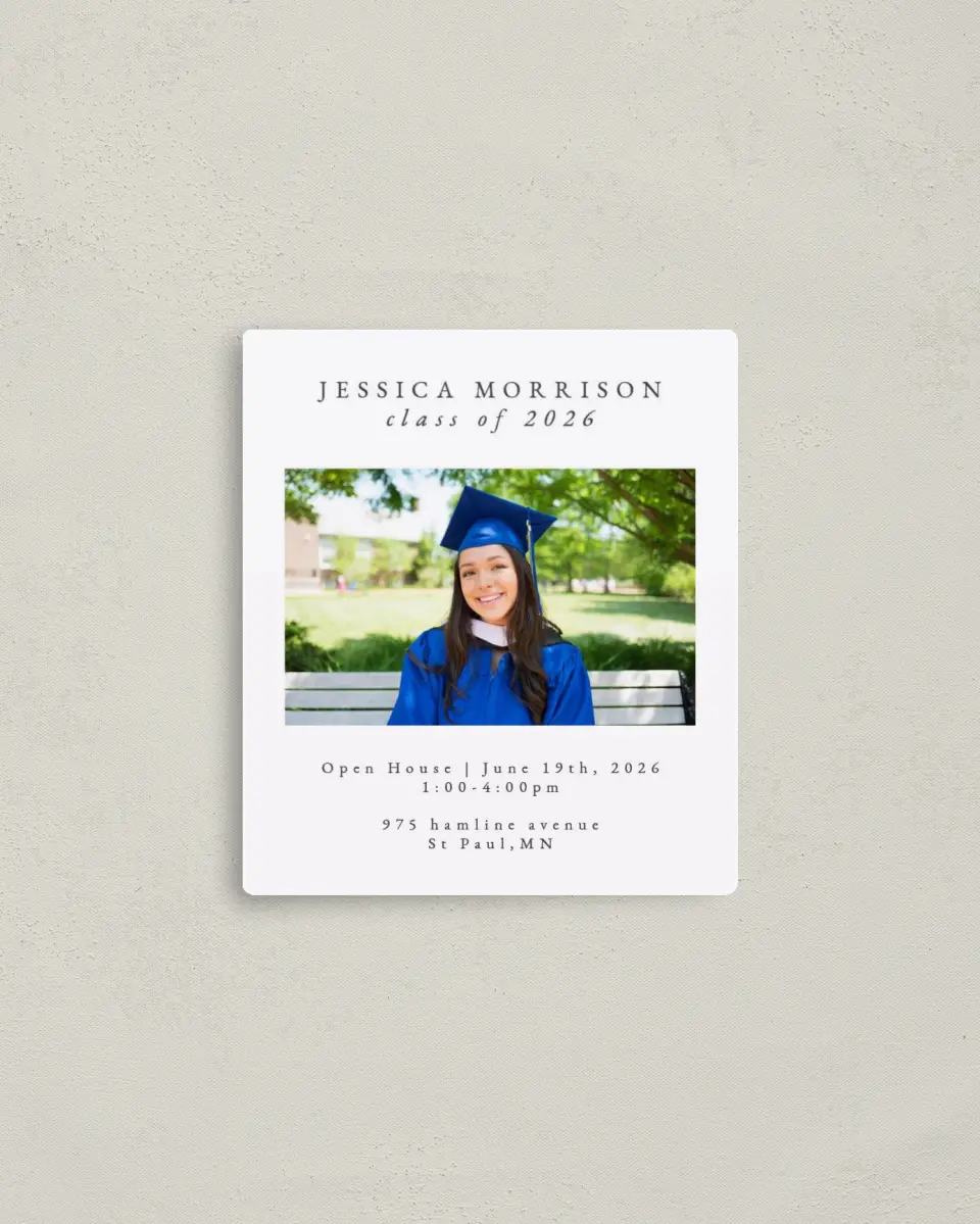 This is a 3½" x 4" Graduation Announcement Magnet called Honored Scholar printed in full color with a Luxe Satin finish