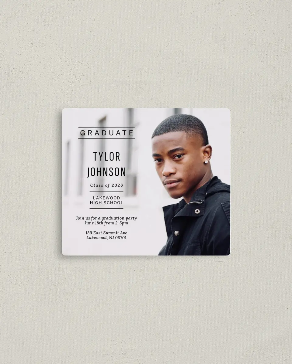 This is a 3½" x 4" Graduation Announcement Magnet called Meet the Grad printed in full color with a Luxe Satin finish