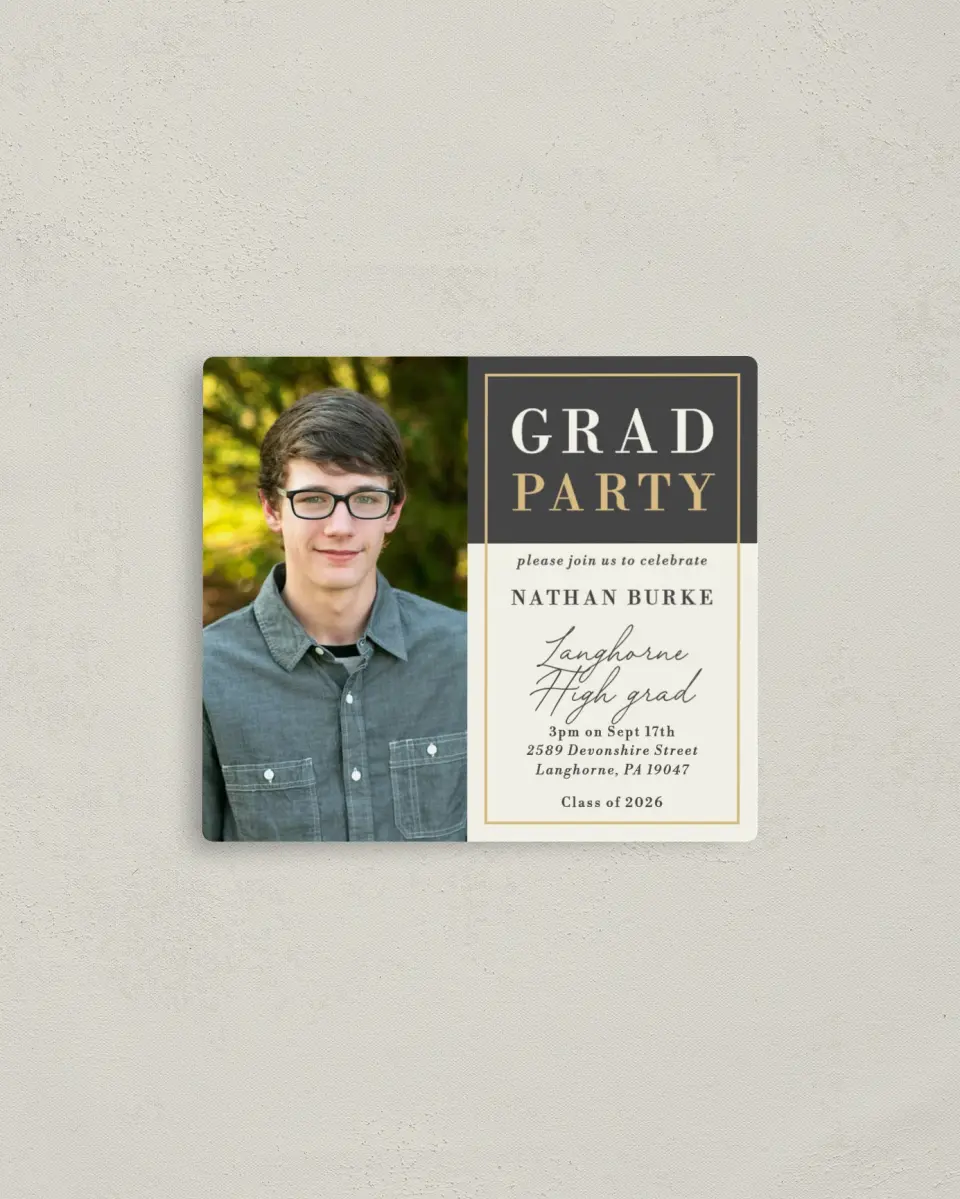 This is a 3½" x 4" Graduation Announcement Magnet called Grad Party printed in full color with a Luxe Satin finish