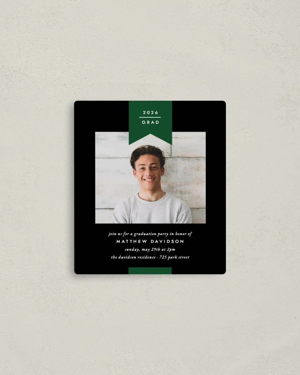 This is a 3½" x 4" Graduation Announcement Magnet called Grad Banner printed in full color with a Luxe Satin finish