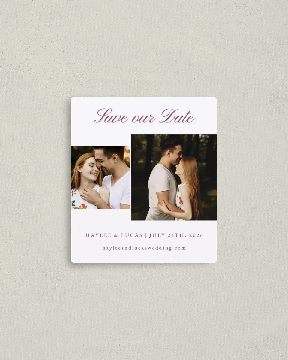 This is a 3½" x 4" Save the Date Magnet called Quietly Quaint printed in full color with a Luxe Satin finish