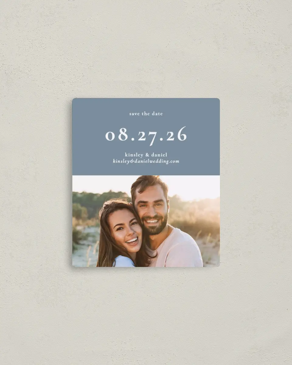 This is a 3½" x 4" Save the Date Magnet called Fine Floret printed in full color with a Luxe Satin finish