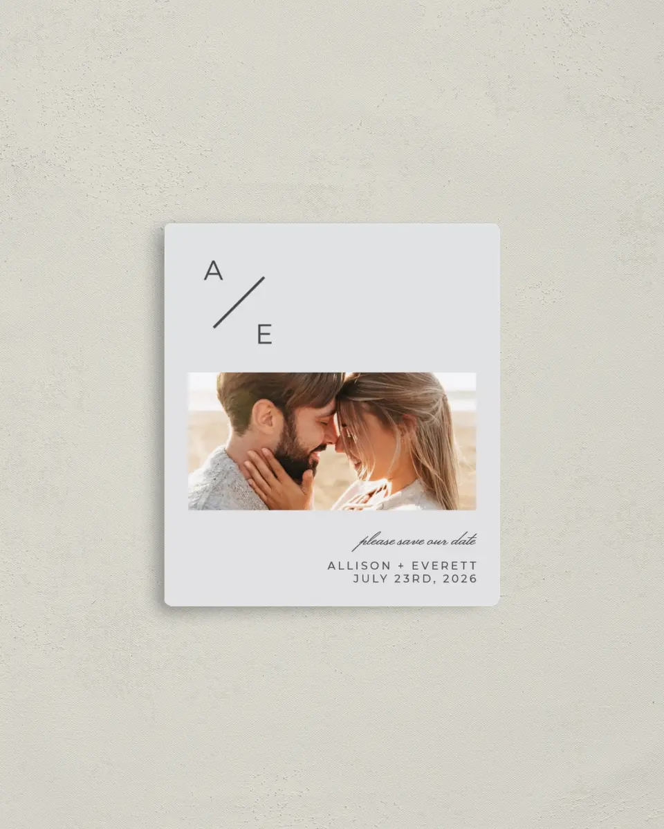 This is a 3½" x 4" Save the Date Magnet called Initial Hush printed in full color with a Luxe Satin finish