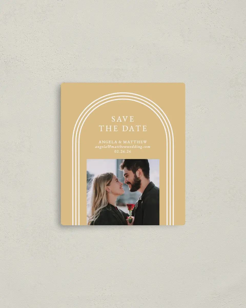 This is a 3½" x 4" Save the Date Magnet called Charming Arch printed in full color with a Luxe Satin finish