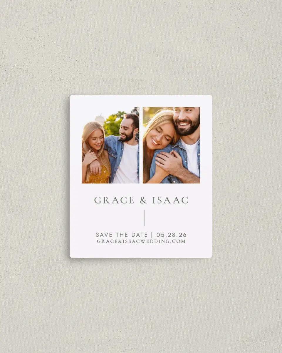 This is a 3½" x 4" Save the Date Magnet called Sweet & Neat printed in full color with a Luxe Satin finish