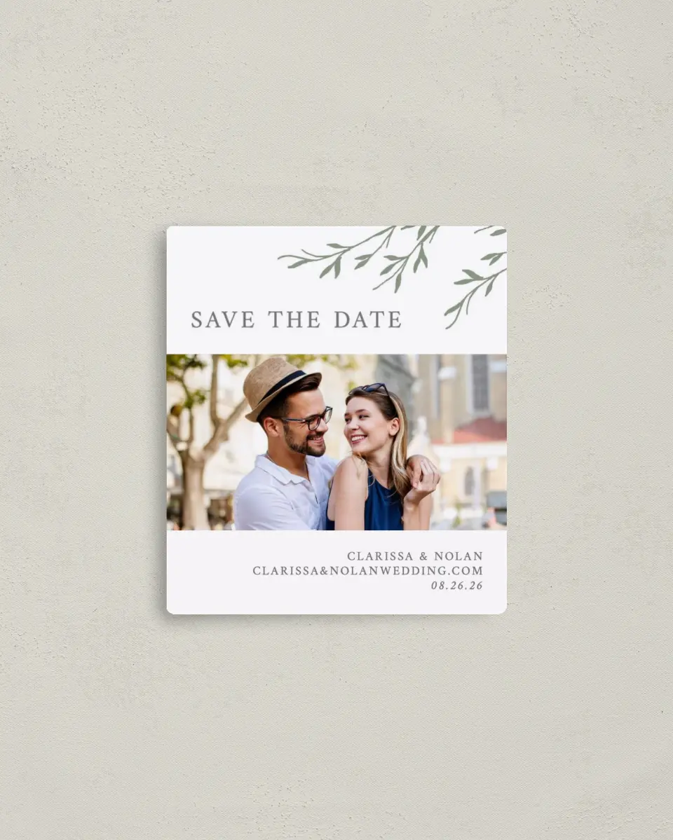 This is a 3½" x 4" Save the Date Magnet called Bright Greens printed in full color with a Luxe Satin finish