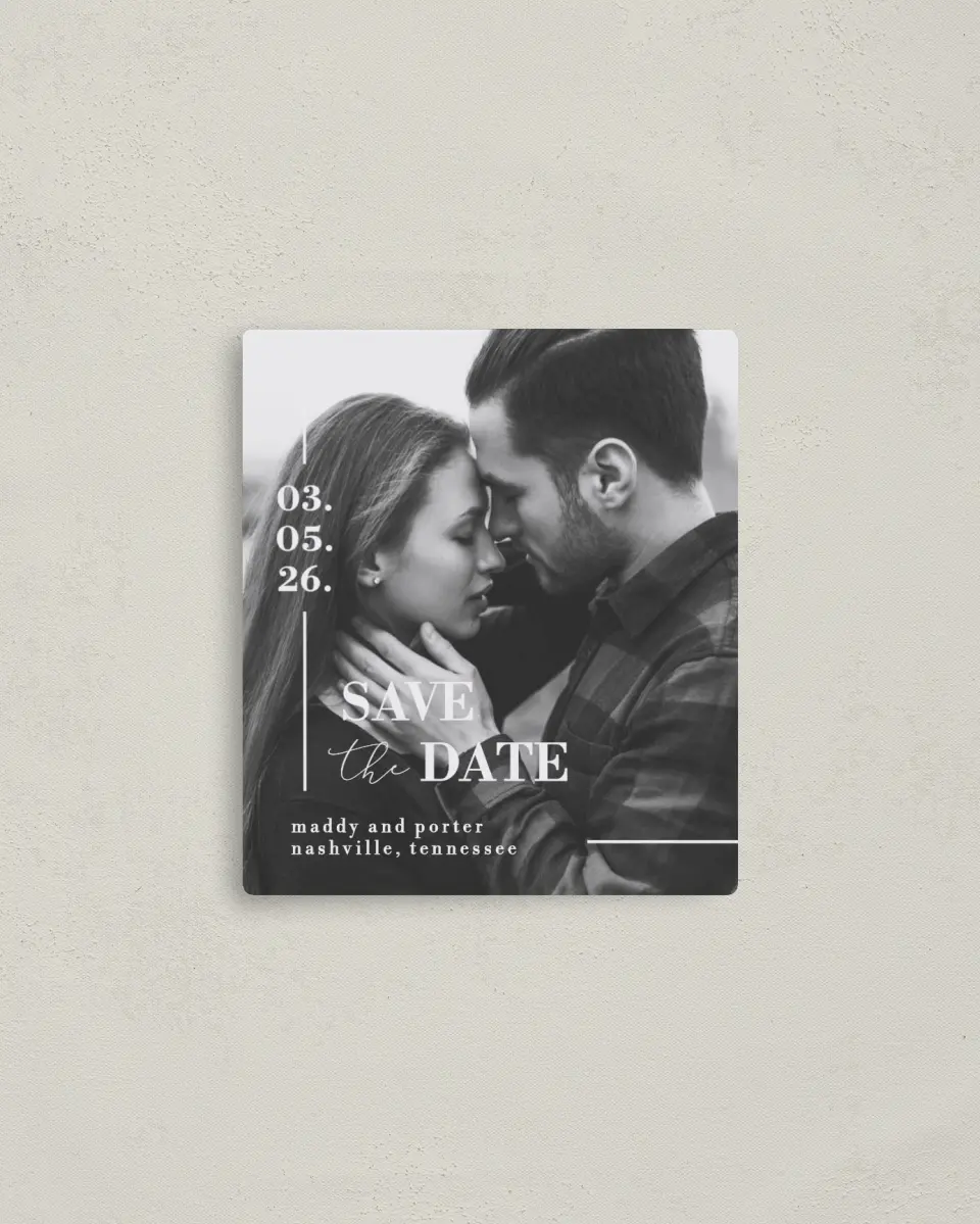 This is a 3½" x 4" Save the Date Magnet called For Eternity printed in full color with a Luxe Satin finish