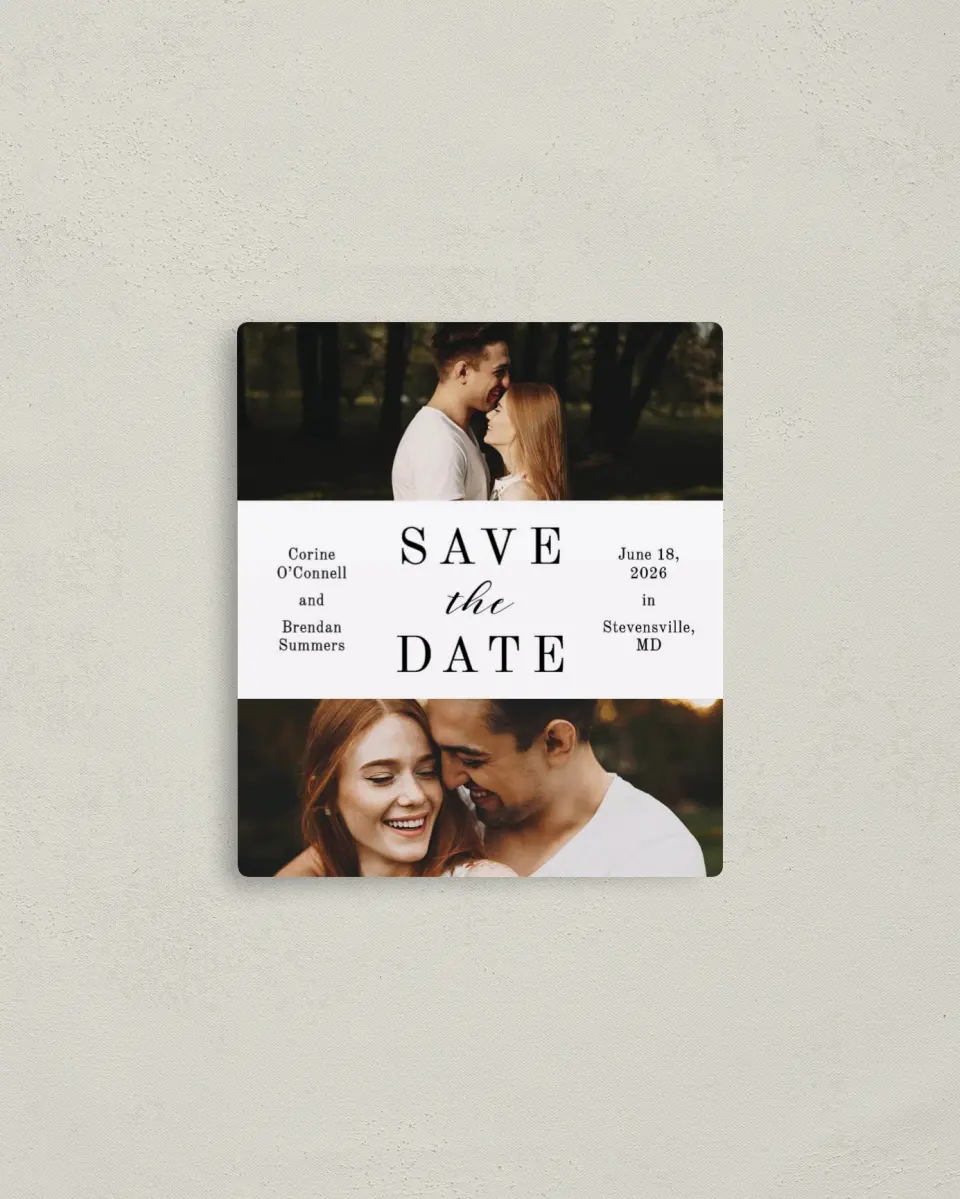 This is a 3½" x 4" Save the Date Magnet called Classy Type printed in full color with a Luxe Satin finish