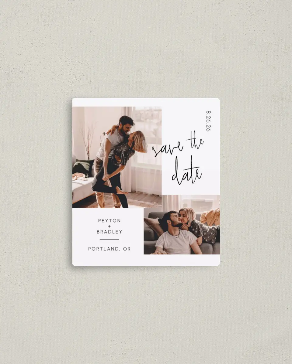 This is a 3½" x 4" Save the Date Magnet called Mod Aesthetic printed in full color with a Luxe Satin finish