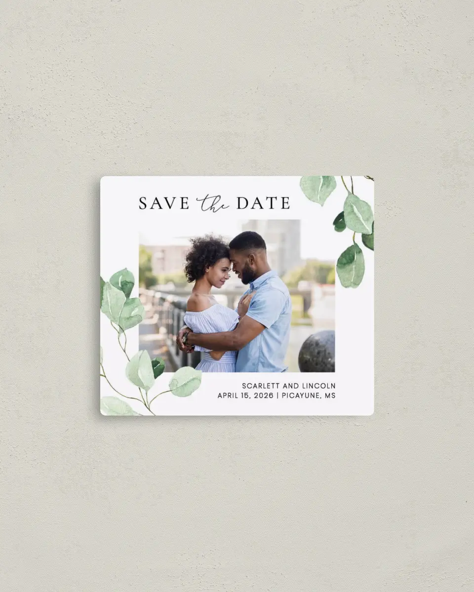 This is a 3½" x 4" Save the Date Magnet called Sweet Greenery printed in full color with a Luxe Satin finish