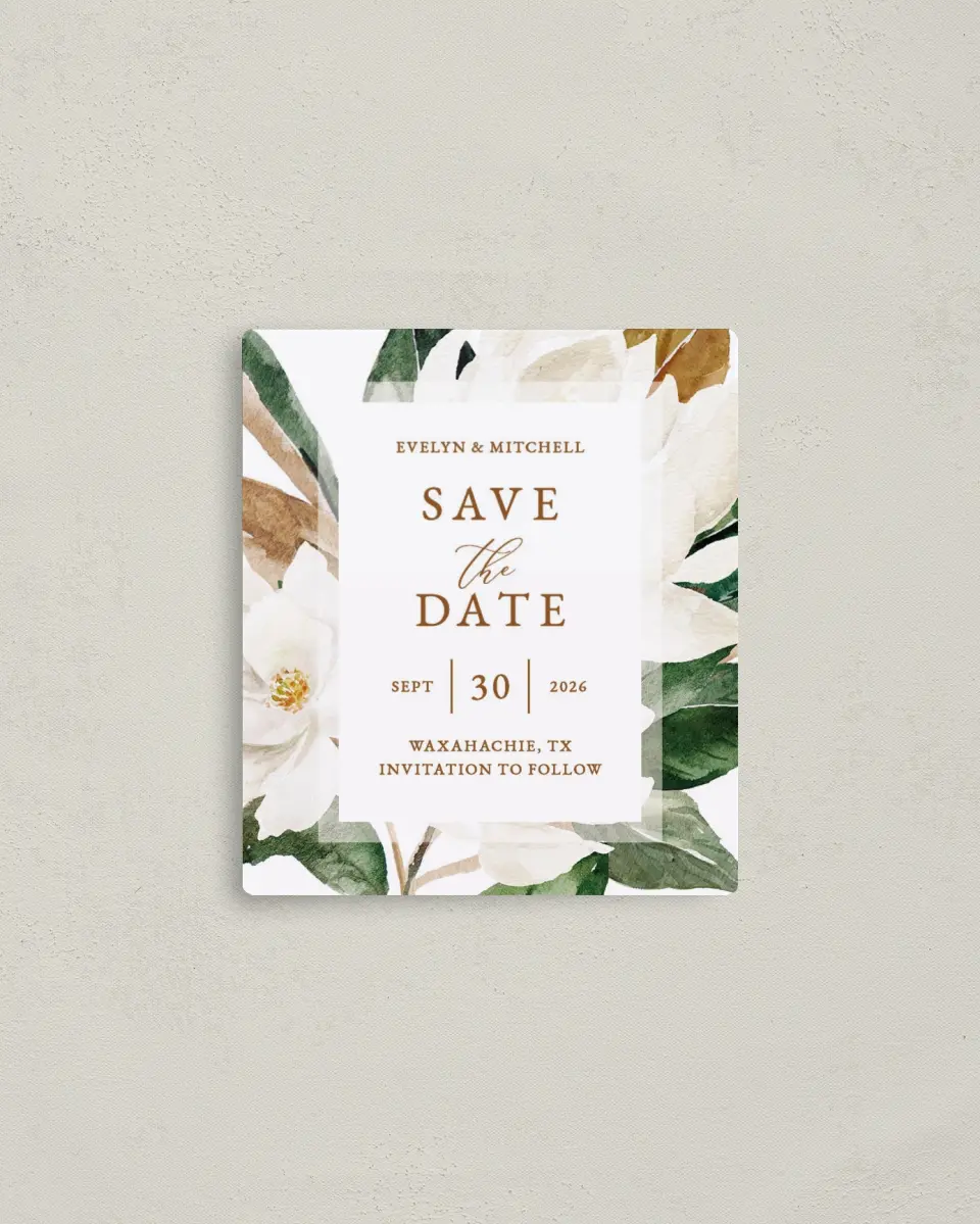 This is a 3½" x 4" Save the Date Magnet called Soft Magnolia printed in full color with a Luxe Satin finish