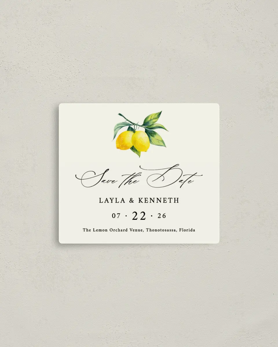This is a 3½" x 4" Save the Date Magnet called Antique Lemon printed in full color with a Luxe Satin finish
