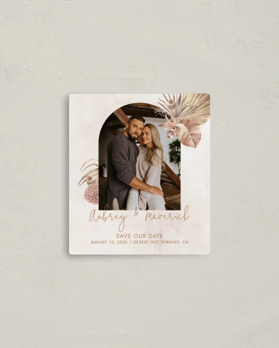 This is a 3½" x 4" Save the Date Magnet called Boho Blooms printed in full color with a Luxe Satin finish