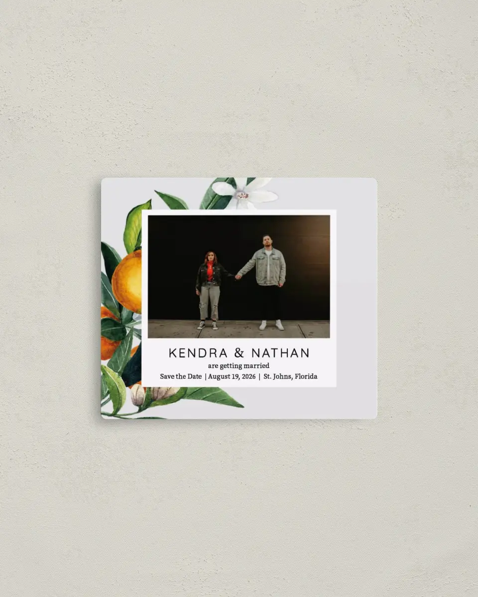 This is a 3½" x 4" Save the Date Magnet called Mod Citrus printed in full color with a Luxe Satin finish
