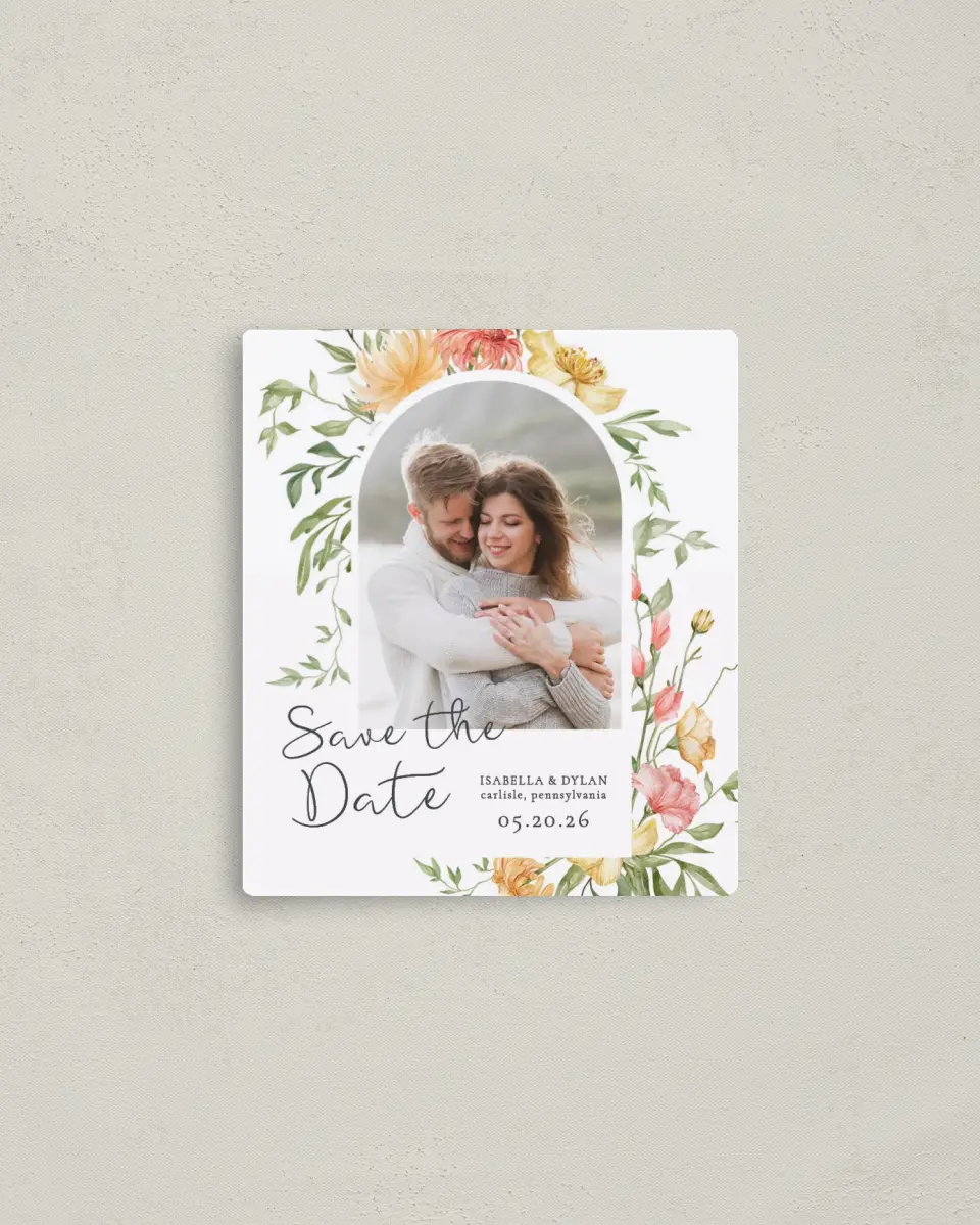 This is a 3½" x 4" Save the Date Magnet called Secluded Blooms printed in full color with a Luxe Satin finish
