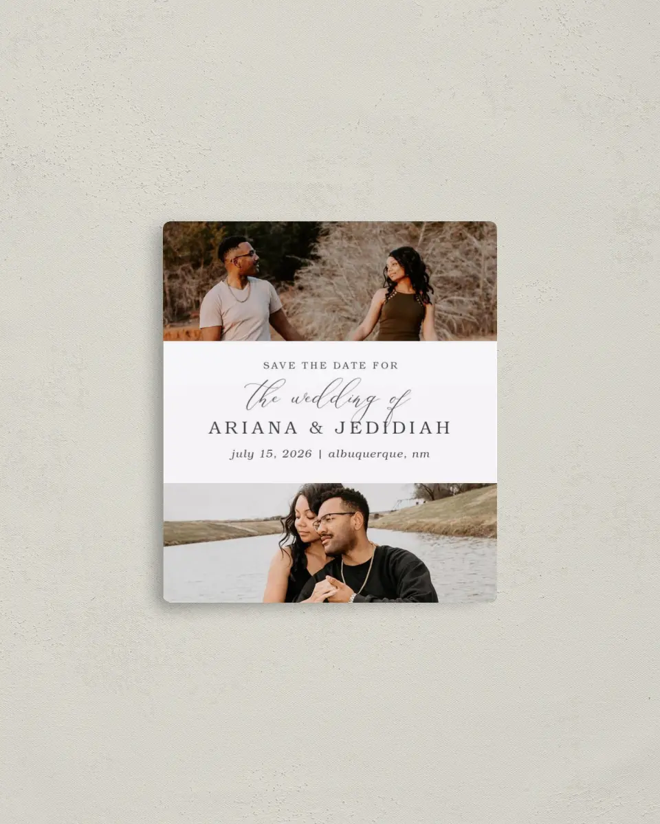 This is a 3½" x 4" Save the Date Magnet called Flawless Photo printed in full color with a Luxe Satin finish