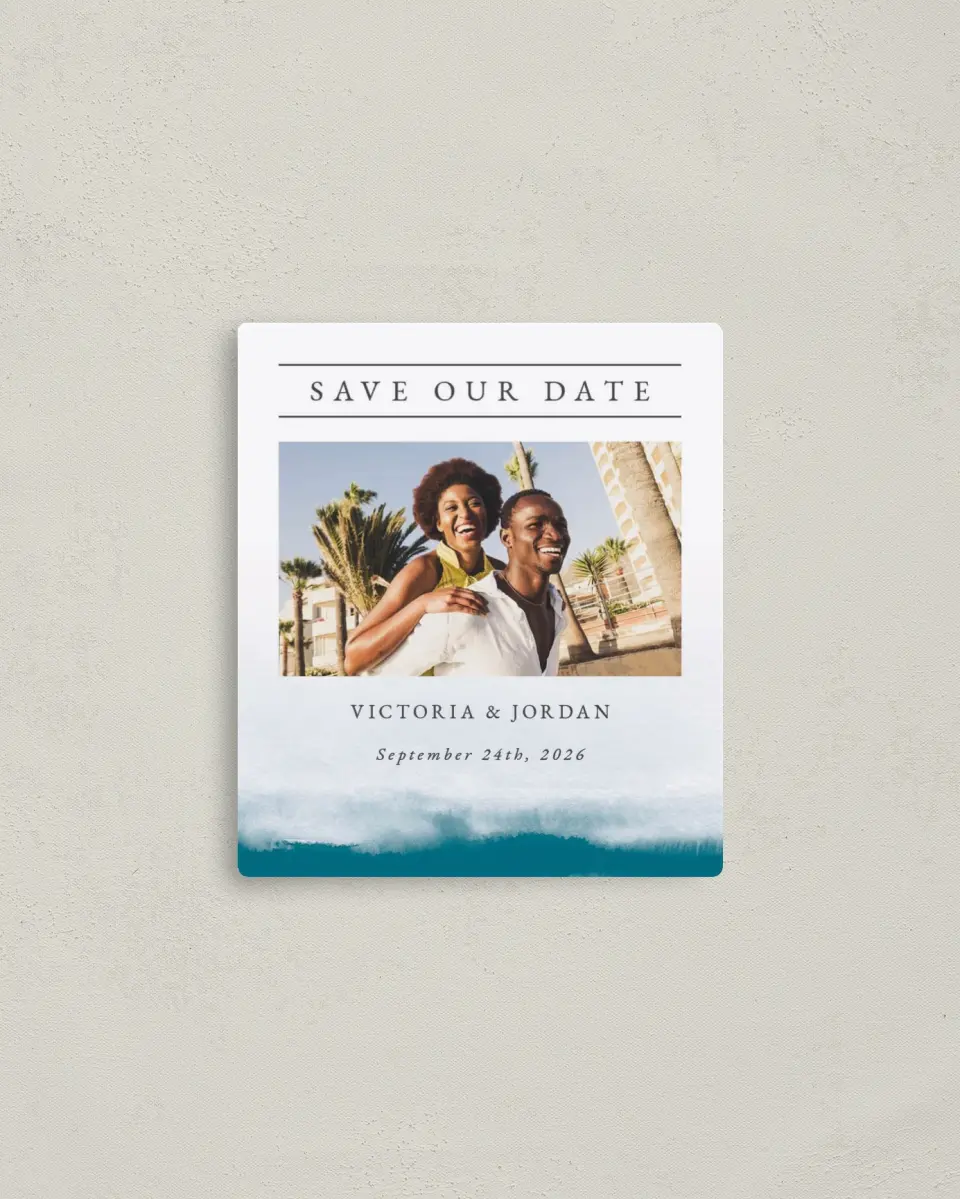 This is a 3½" x 4" Save the Date Magnet called Shore Impression printed in full color with a Luxe Satin finish