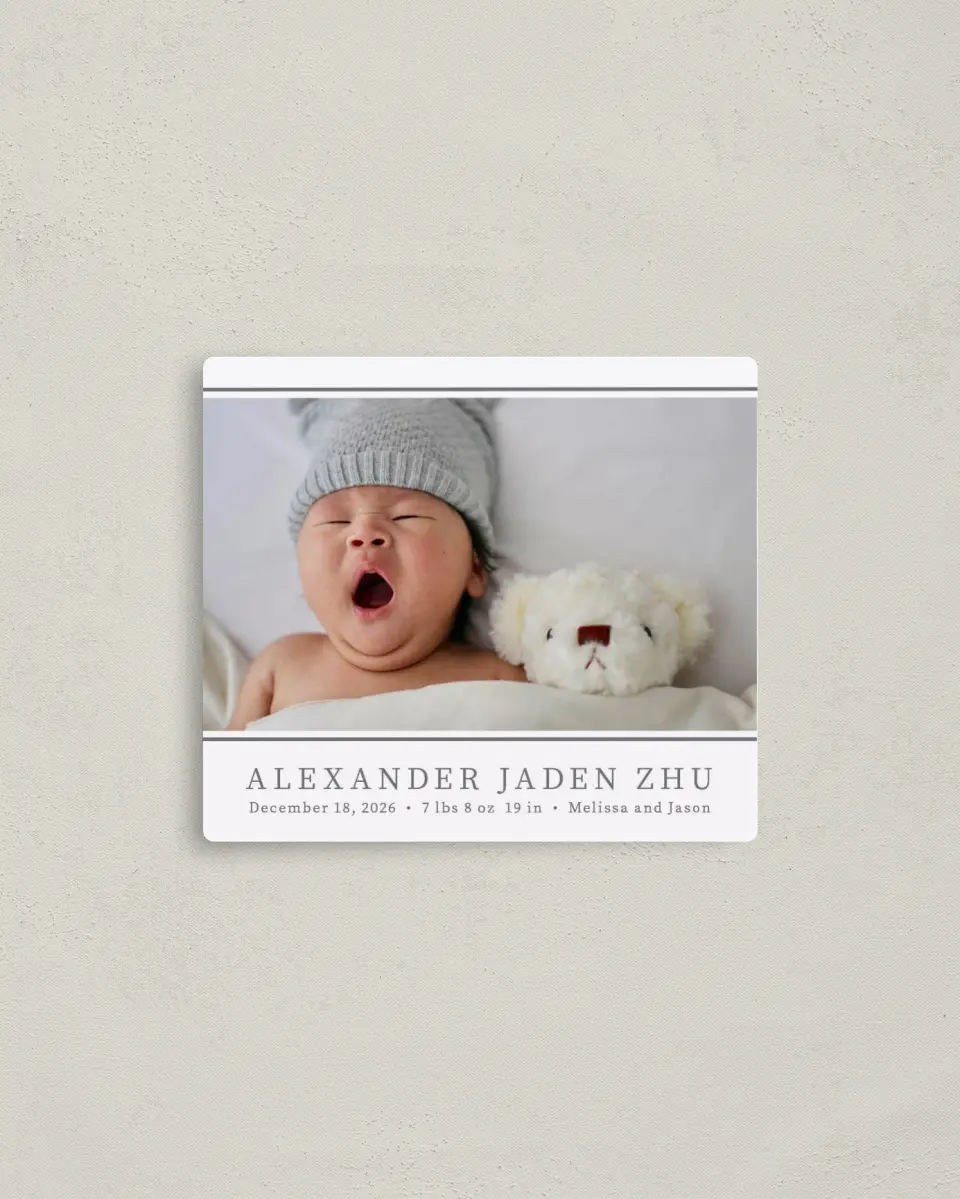 This is a 3½" x 4" Birth Announcement Magnet called Fresh Debut printed in full color with a Luxe Satin finish