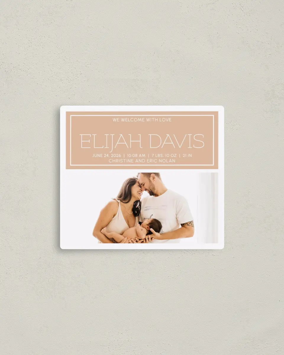 This is a 3½" x 4" Birth Announcement Magnet called Warm Welcome printed in full color with a Luxe Satin finish