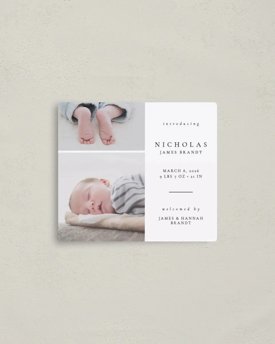 This is a 3½" x 4" Birth Announcement Magnet called Our Newest Addition printed in full color with a Luxe Satin finish