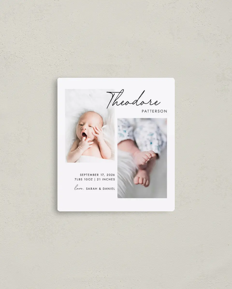 This is a 3½" x 4" Birth Announcement Magnet called Precious Gallery printed in full color with a Luxe Satin finish