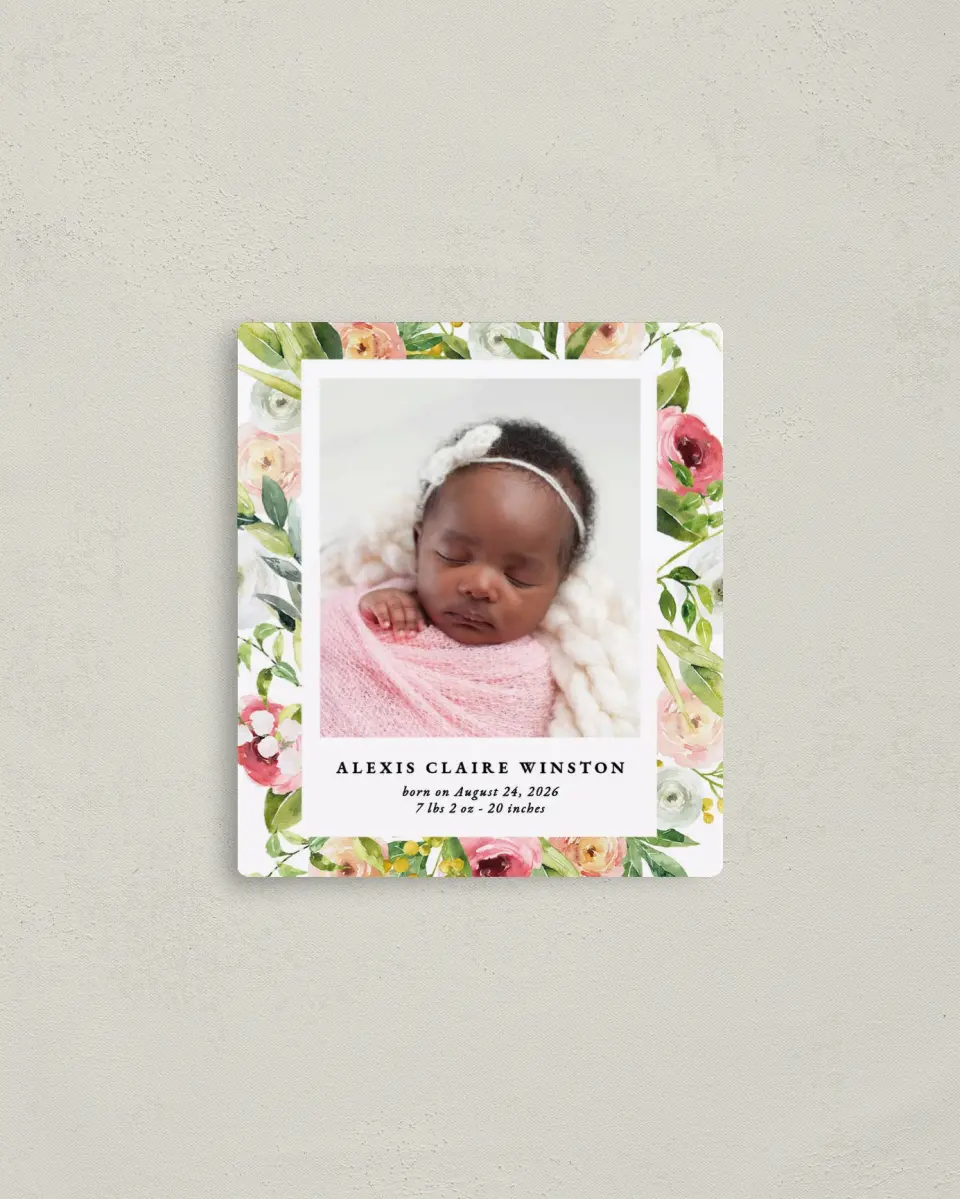 This is a 3½" x 4" Birth Announcement Magnet called Floral Baby printed in full color with a Luxe Satin finish