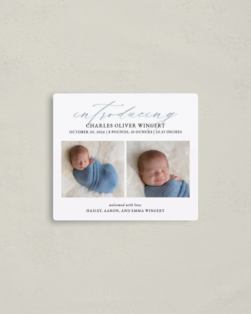 This is a 3½" x 4" Birth Announcement Magnet called Big Introduction printed in full color with a Luxe Satin finish