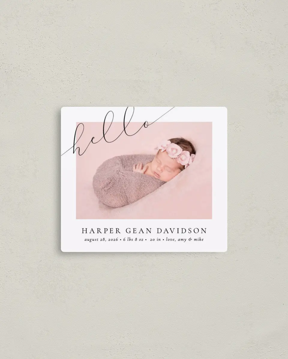 This is a 3½" x 4" Birth Announcement Magnet called Sweet Hello printed in full color with a Luxe Satin finish