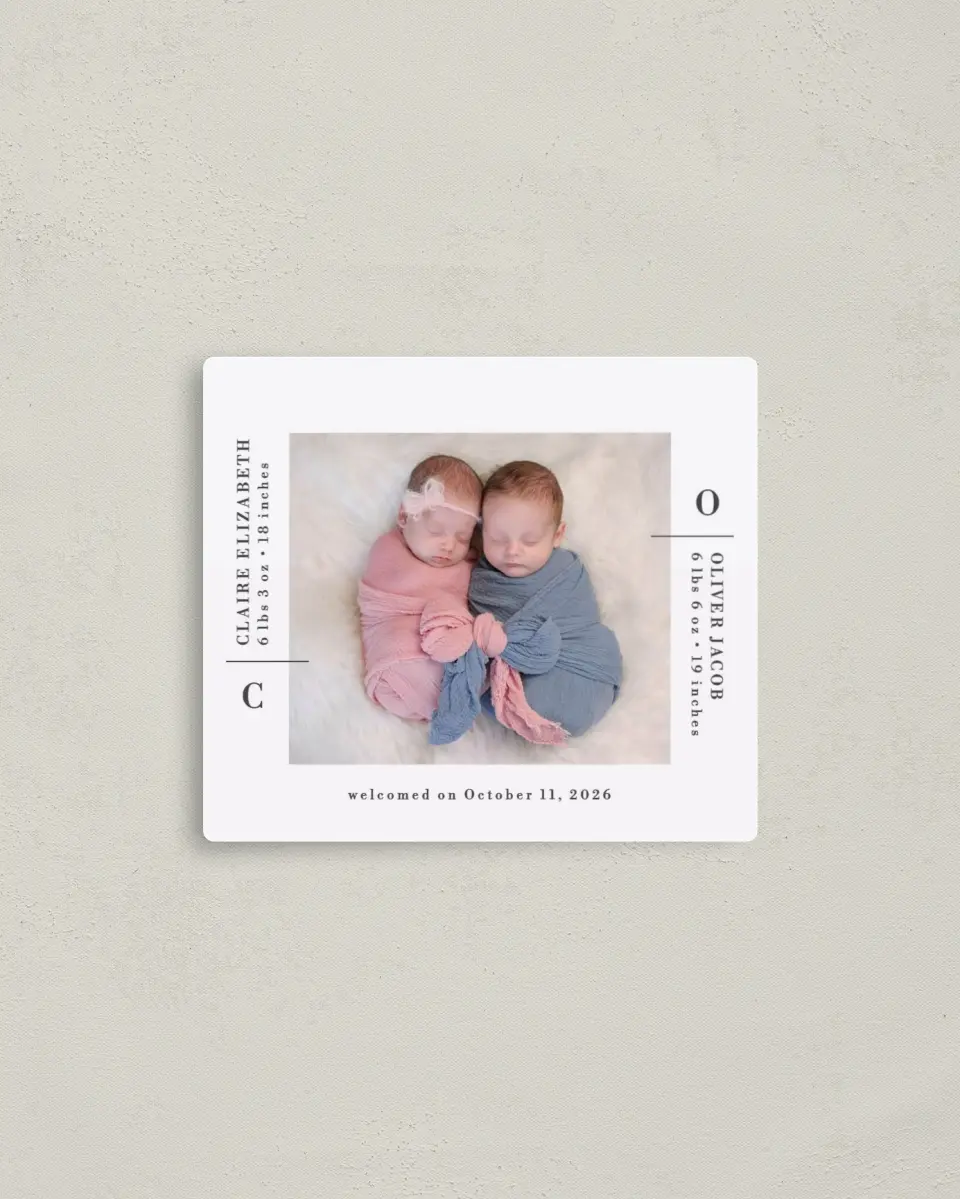 This is a 3½" x 4" Birth Announcement Magnet called New Two printed in full color with a Luxe Satin finish