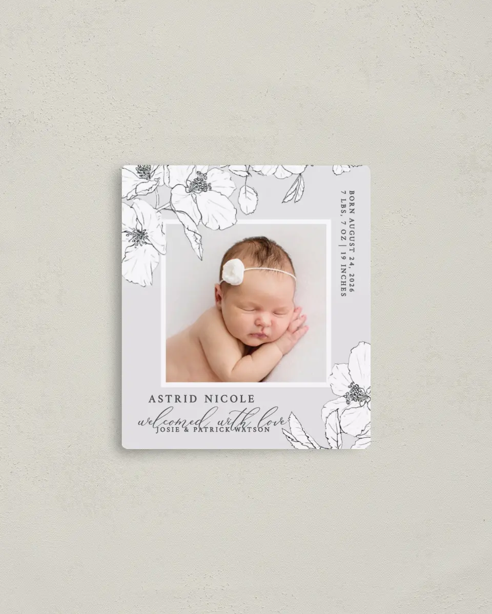 This is a 3½" x 4" Birth Announcement Magnet called Baby Blossom printed in full color with a Luxe Satin finish