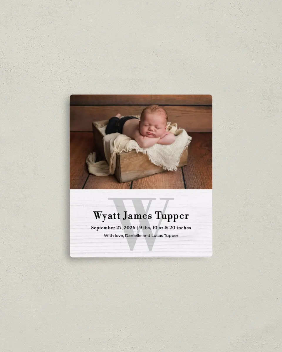 This is a 3½" x 4" Birth Announcement Magnet called Rustic Welcome printed in full color with a Luxe Satin finish