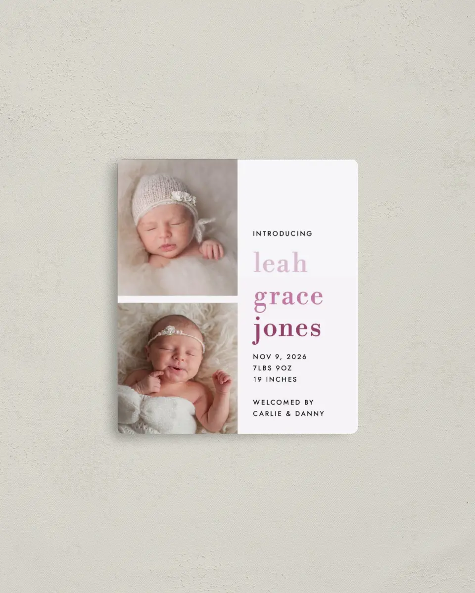 This is a 3½" x 4" Birth Announcement Magnet called Adorable Stack printed in full color with a Luxe Satin finish
