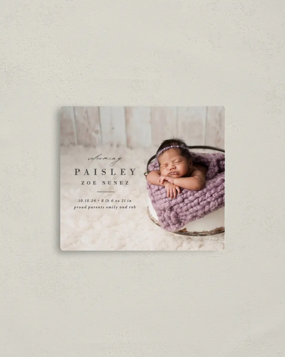 This is a 3½" x 4" Birth Announcement Magnet called Adored printed in full color with a Luxe Satin finish