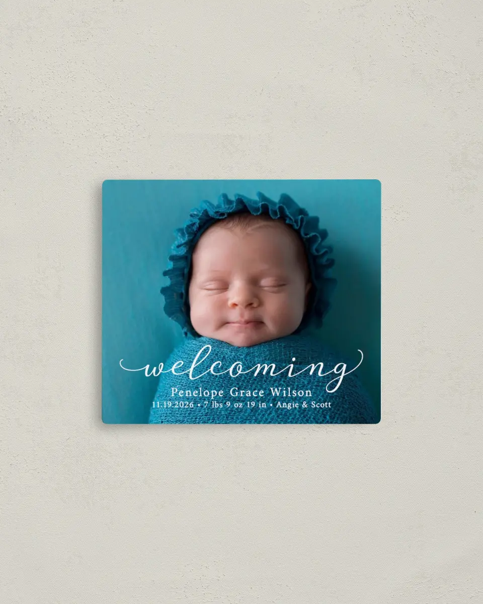 This is a 3½" x 4" Birth Announcement Magnet called Darling Welcome printed in full color with a Luxe Satin finish
