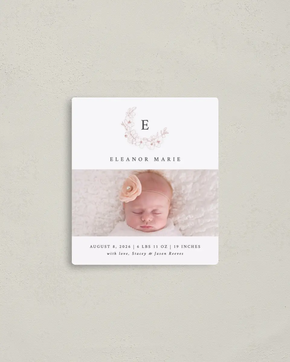 This is a 3½" x 4" Birth Announcement Magnet called Delicate Wreath printed in full color with a Luxe Satin finish