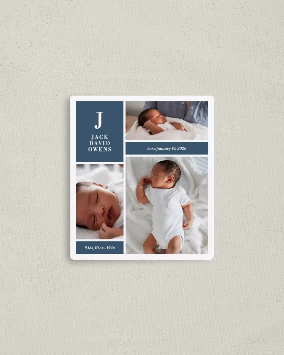 This is a 3½" x 4" Birth Announcement Magnet called Bold Blocks printed in full color with a Luxe Satin finish