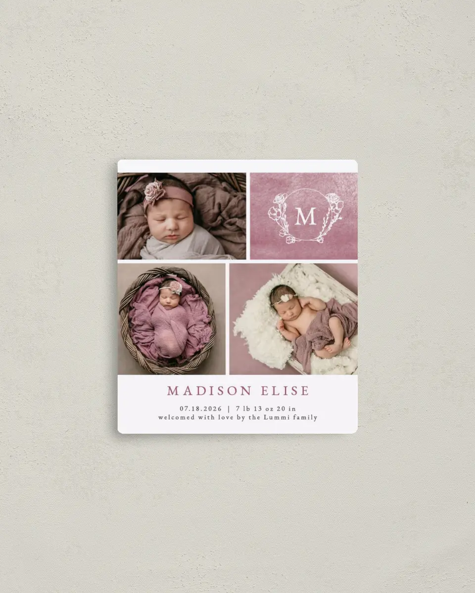 This is a 3½" x 4" Birth Announcement Magnet called Blooming Monogram printed in full color with a Luxe Satin finish